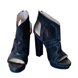 Calvin Klein Black Suede Mesh Cutout Ankle Bootie Platform High Heels Size 6.5